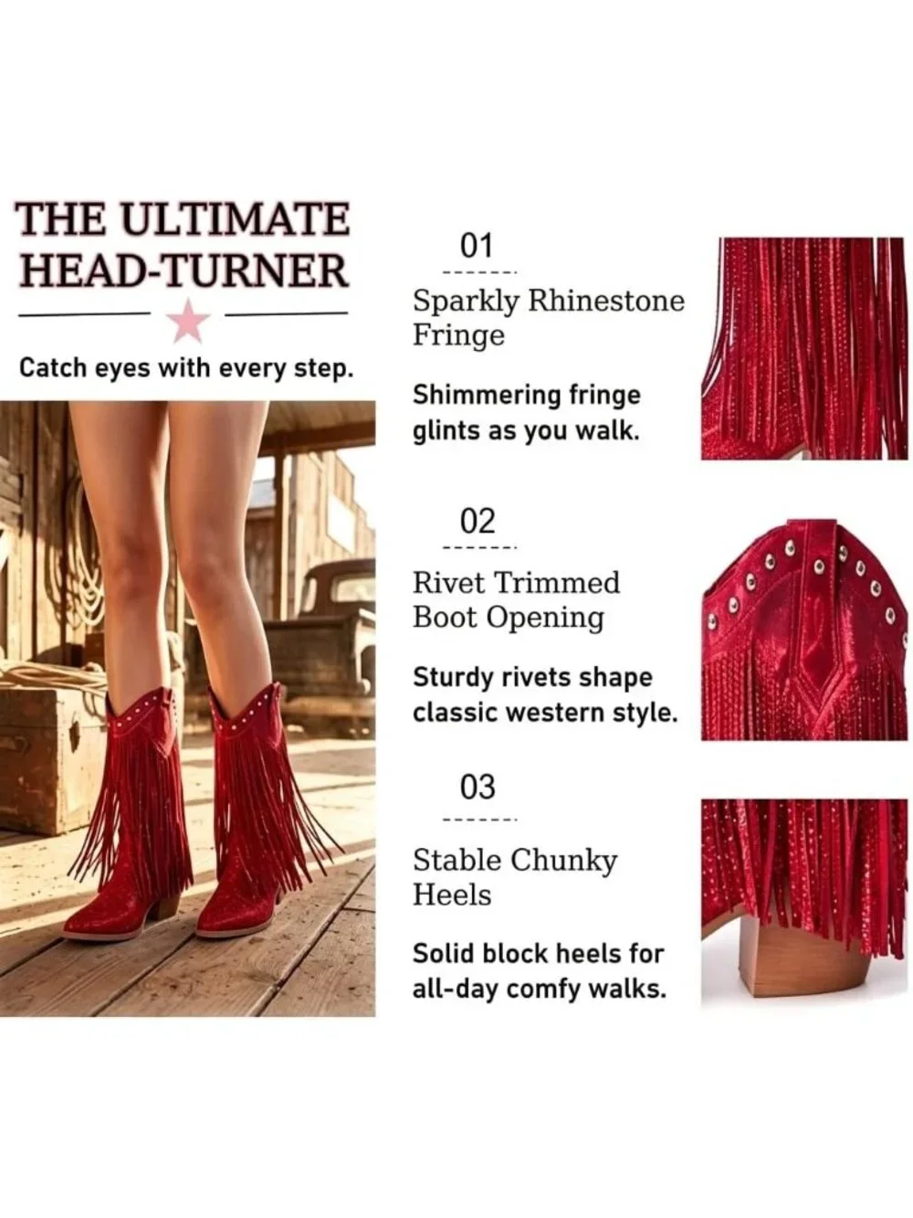 Women's Red Rhinestone Cowgirl Boot Sparkly Pointed Toe Fringe Chunky Heel